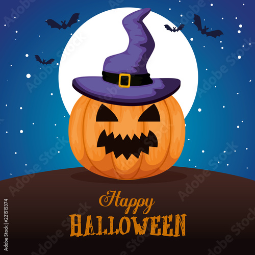 happy halloween card with pumpkinand witch hat