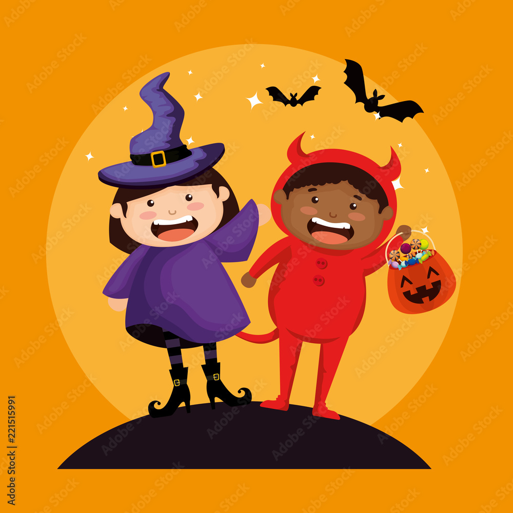couple kids dressed up as a witch and little devil