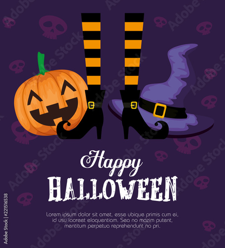 halloween card with witch feets and pumpkin