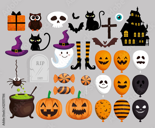 happy halloween card with set icons