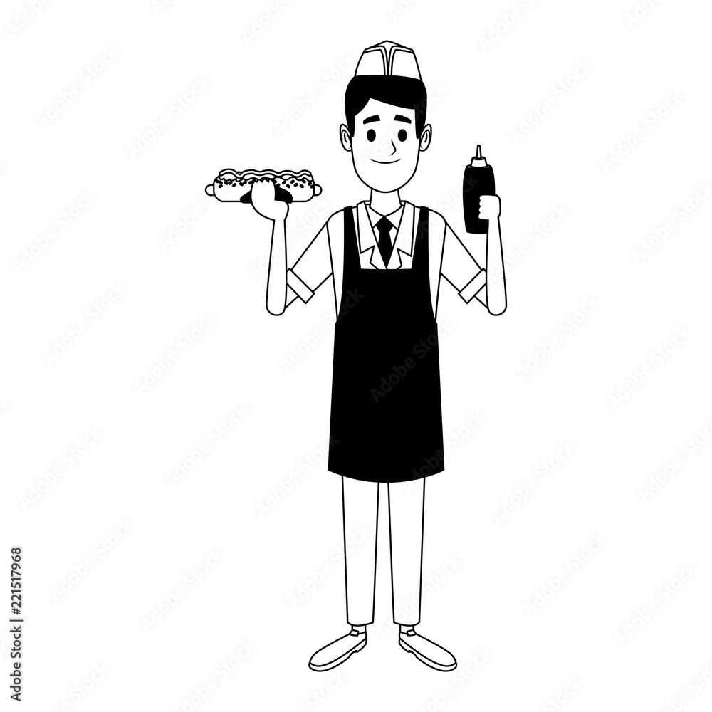 Cooker with hotdog and ketchup in black and white Cooker with hotdog and ketchup in black and white