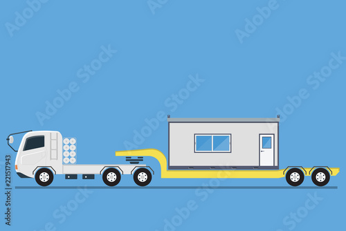 Side view of trailer transporting container office construction site, vector illustration
