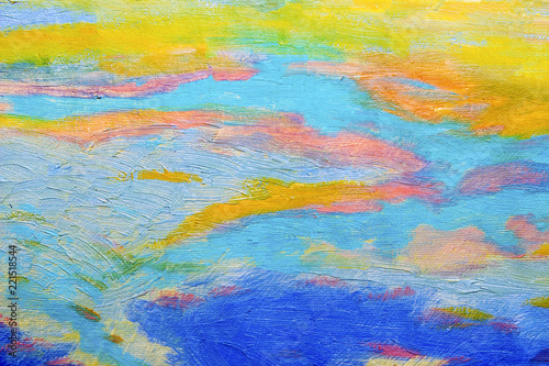 Abstract original oil painting with blue sky and cloud background.