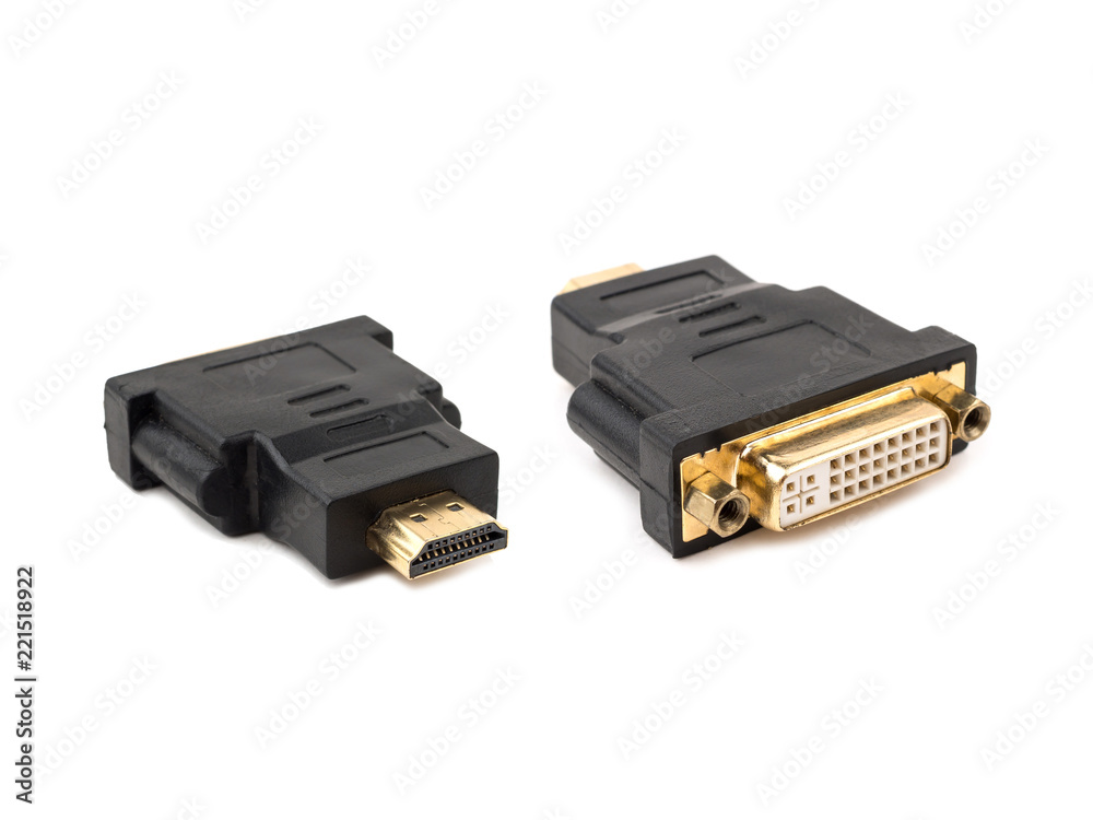 HDMI TO DVI-I Port converter on white background, selective focus HDMI TO DVI-I Port converter on white background, selective focus