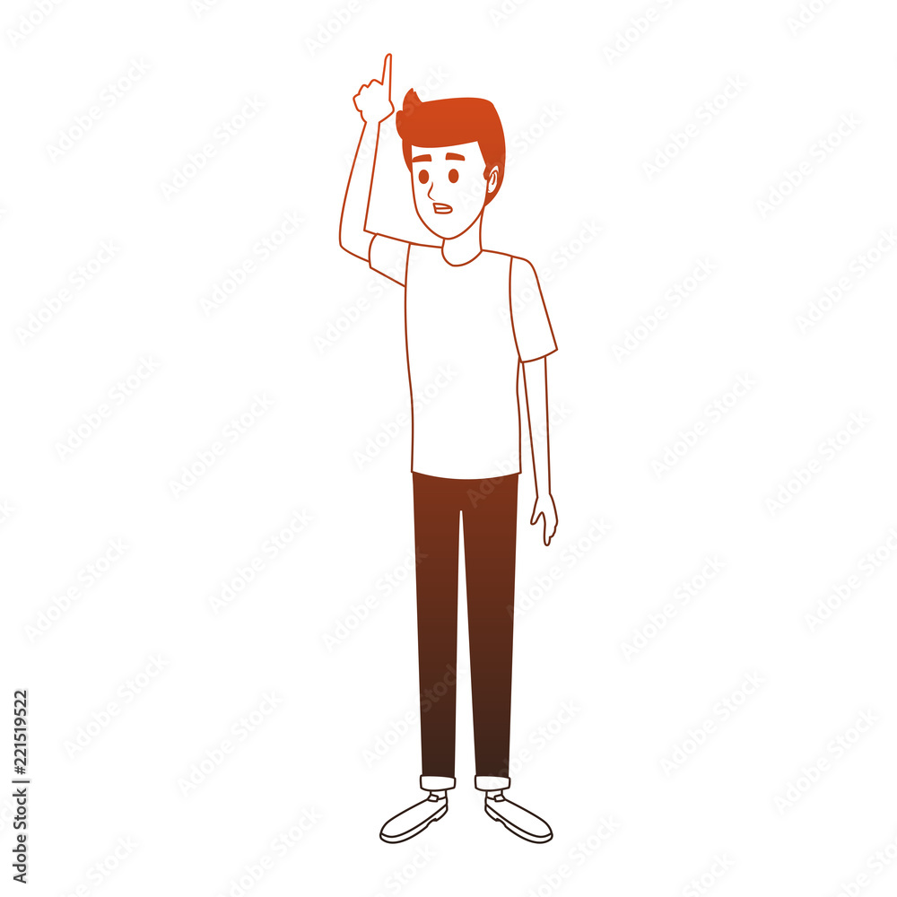 Young man pointing up with hands orange lines Young man pointing up with hands orange lines