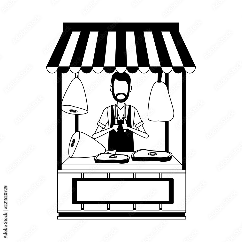 Butcher stand isolated in black and white Butcher stand isolated in black and white
