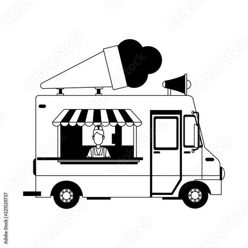 Ice cream truck and man in black and white