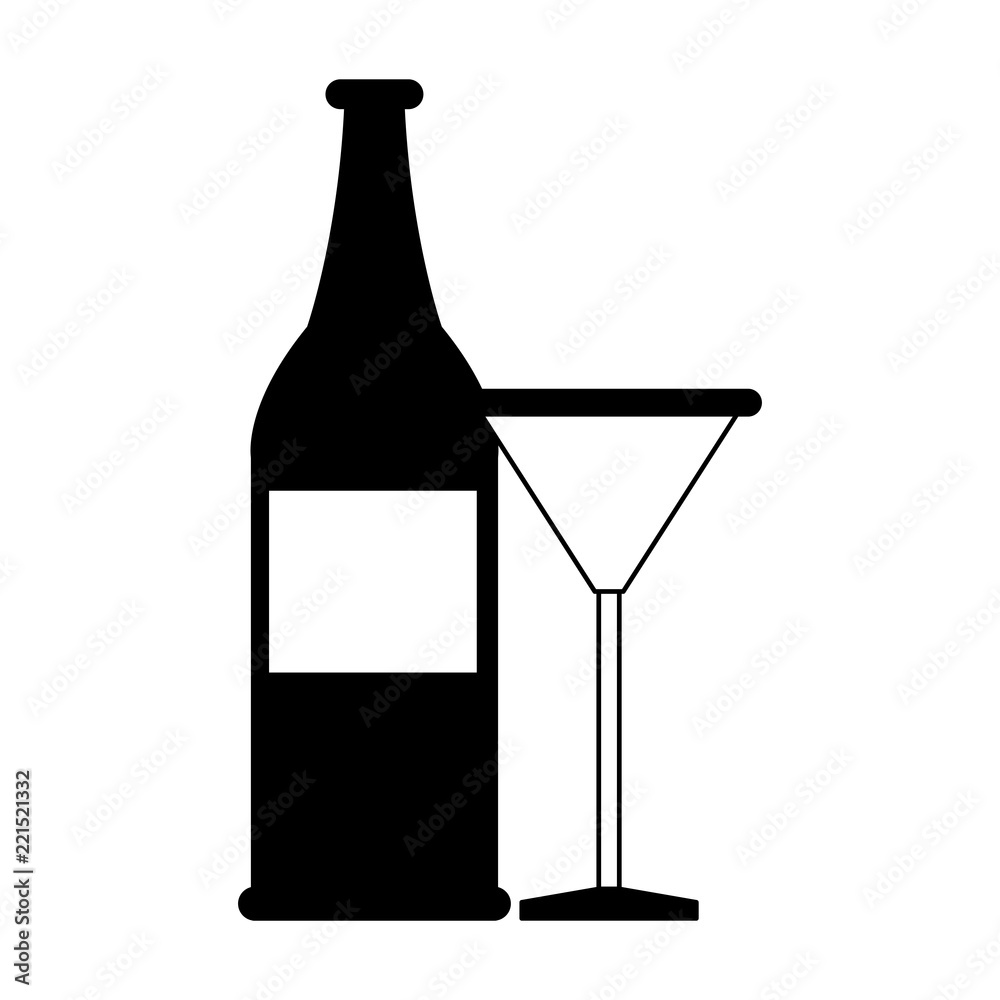 Vodka bottle and cocktail cup in black and white Vodka bottle and cocktail cup in black and white