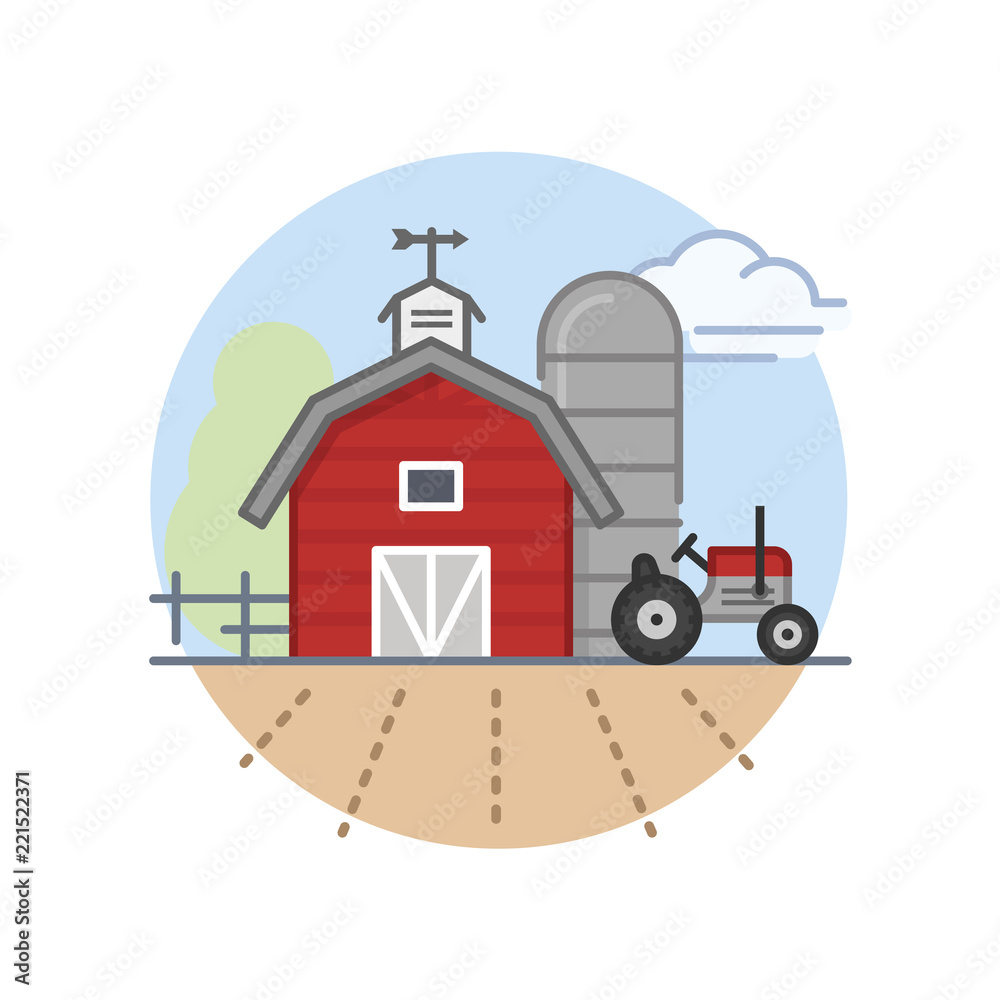 Red barn and tractor illustration Red barn and tractor illustration