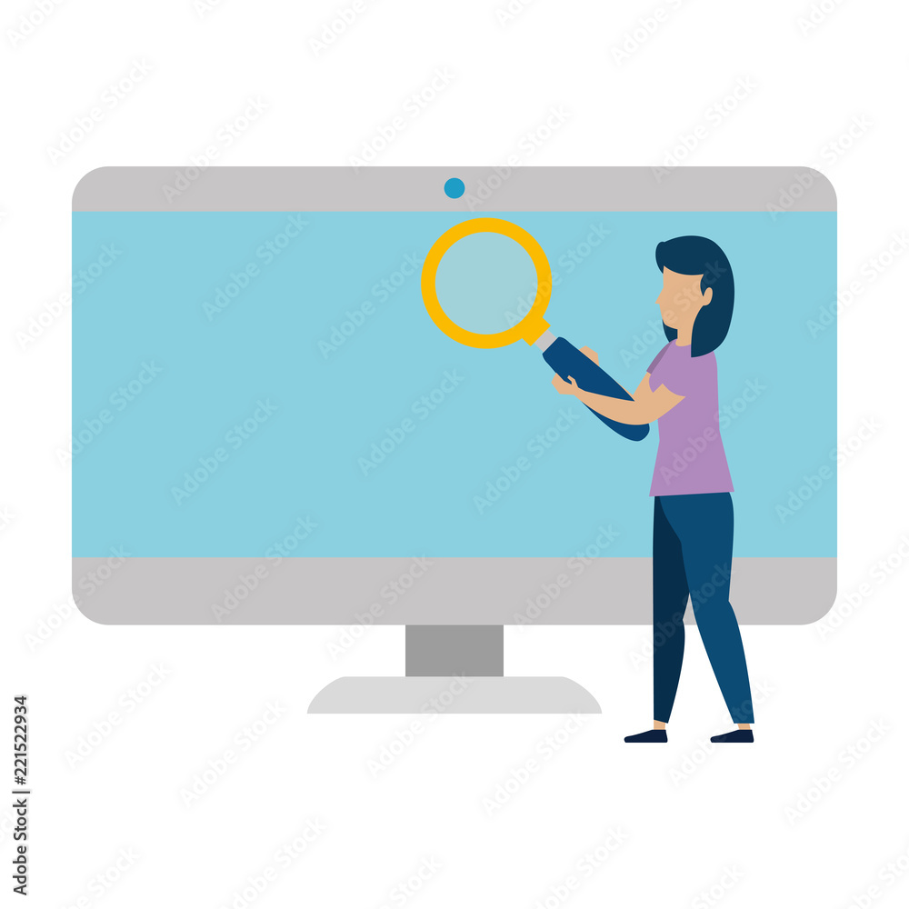 young woman working with magnifying glass and computer young woman working with magnifying glass and computer
