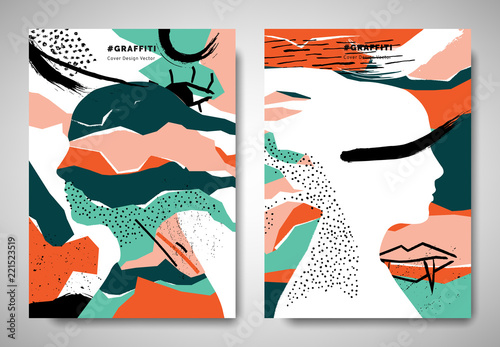 Cover/ invitation card template design, ripped torn paper girl head shape and abstract hand drawn art elements, green and orange tones