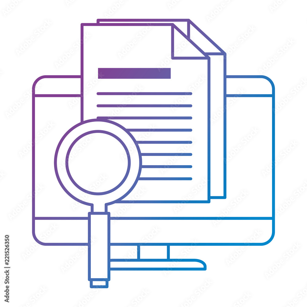 computer desktop with magnifying glass and document computer desktop with magnifying glass and document