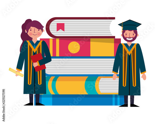 graduate man and woman certificate and pile books