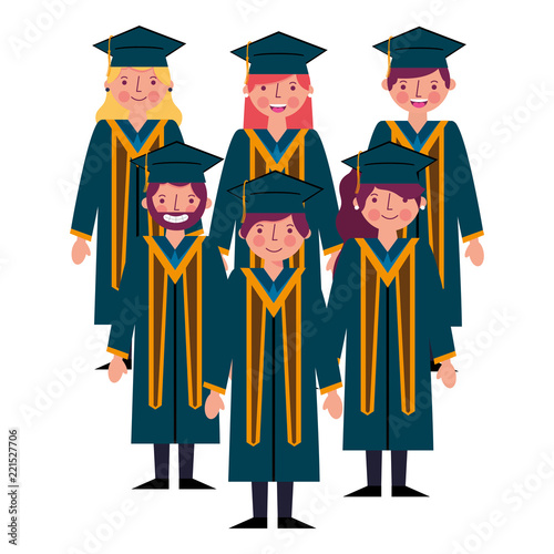group happy smiling graduates in graduation gowns