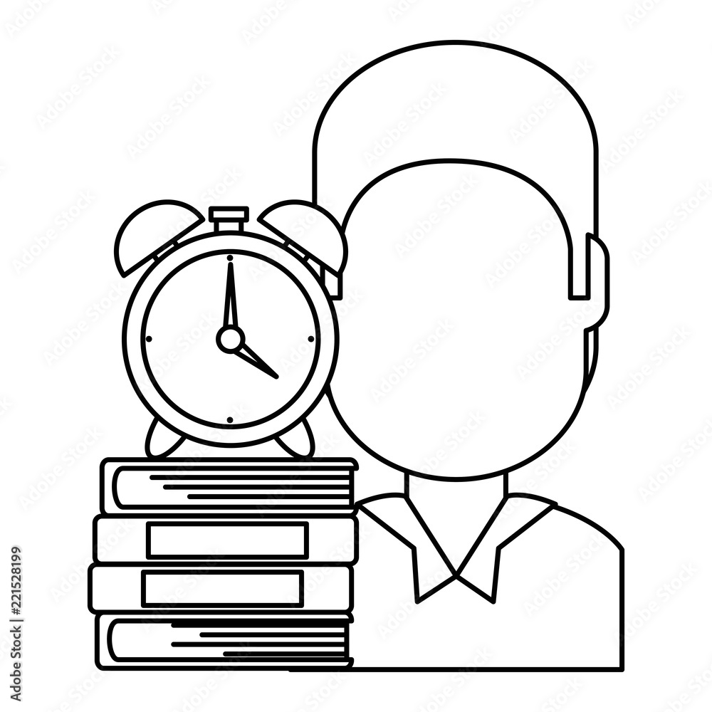 man with text books and alarm clock man with text books and alarm clock
