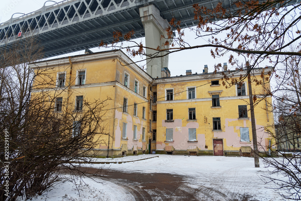 Western High-Speed Diameter over the houses on Kanonersky Island in winter. Saint Petersburg. Russia,