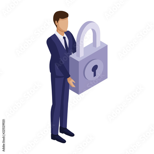 Businessman holding padlock isometric