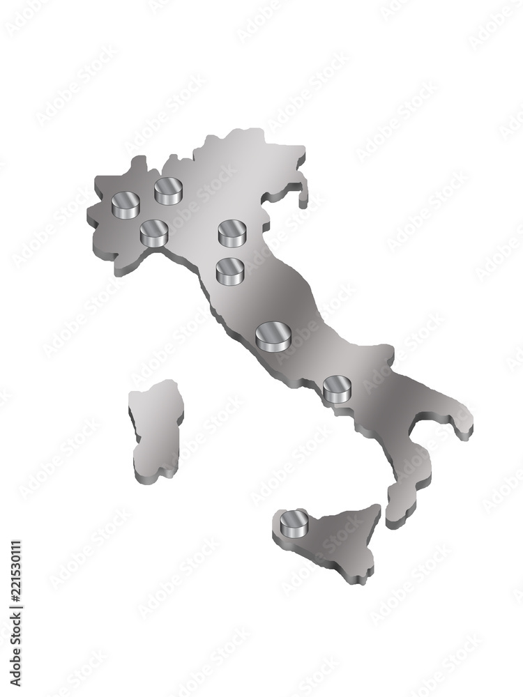 3 d map of Italy with a metal gradient and cylindrical icons of cities