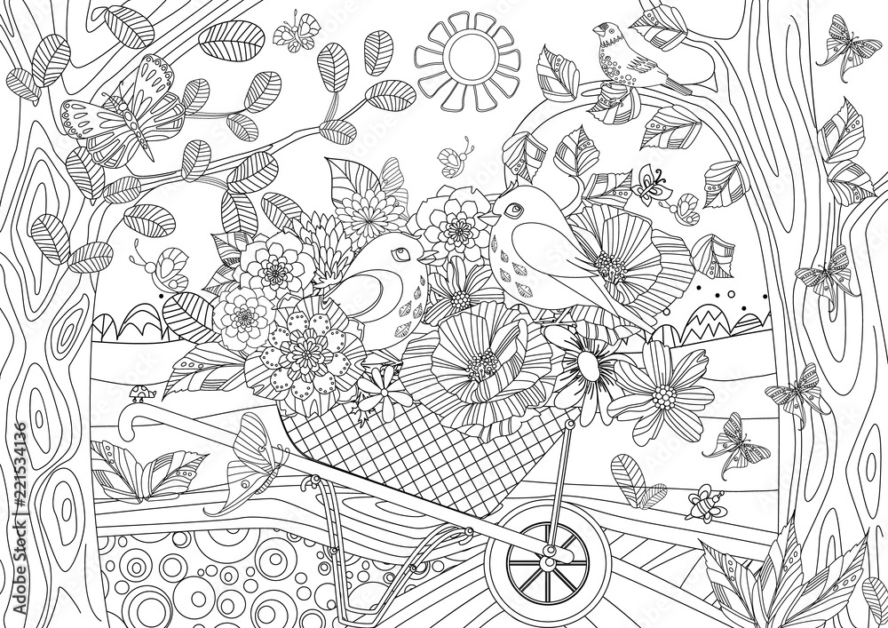 summer landscape with lovely flowers and couple of birds in gard