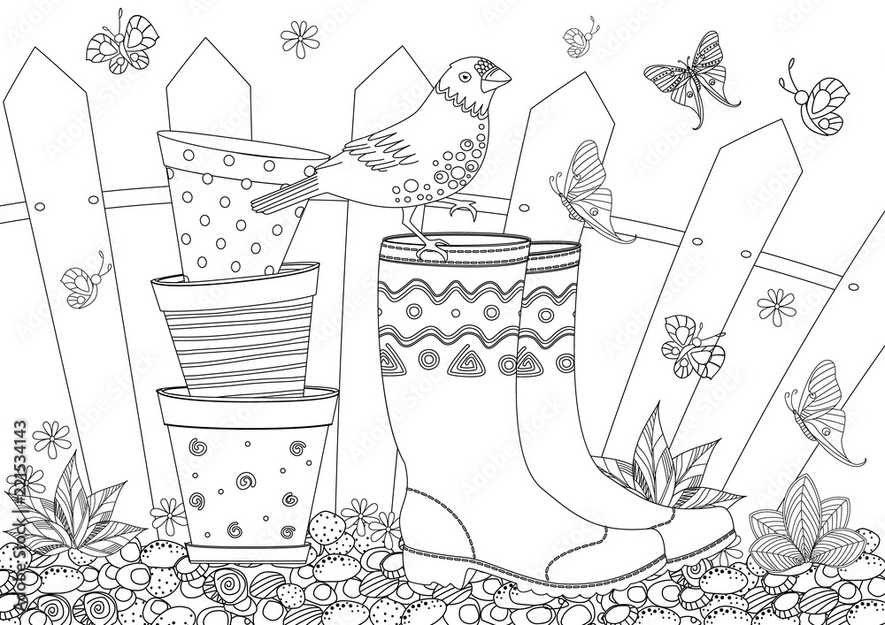 Naklejka rustic landscape with gardening equipment for your coloring book
