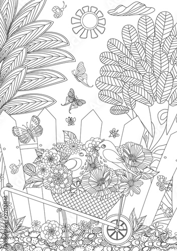 rustic landscape with cute birds in flowers for your coloring bo