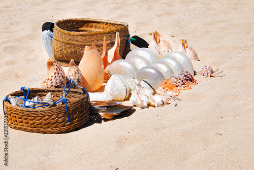 Large sea shells and wicker baskets in the sand on the beach of Nusa Duo.The Island Of Bali 