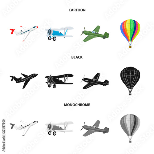 Vector illustration of plane and transport sign. Collection of plane and sky vector icon for stock.