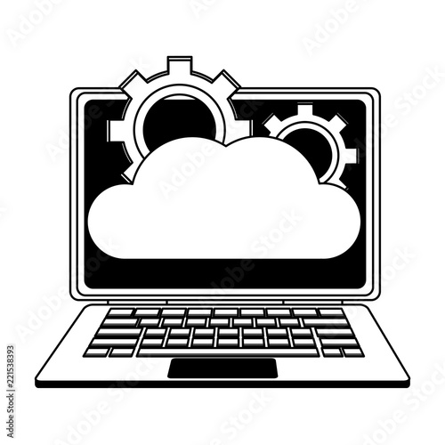Laptop with cloud computing in black and white