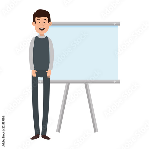 man teaching with paperboard character