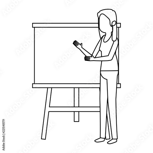 woman teaching with paperboard character