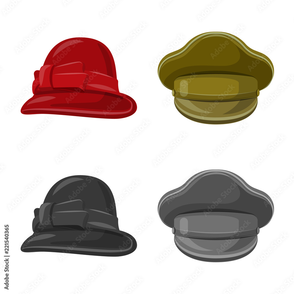 Vector illustration of headwear and cap logo. Set of headwear and accessory vector icon for stock. Vector illustration of headwear and cap logo. Set of headwear and accessory vector icon for stock.