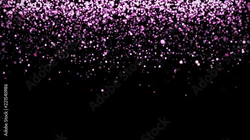 Purple glitter partikles texture falling down on black background.