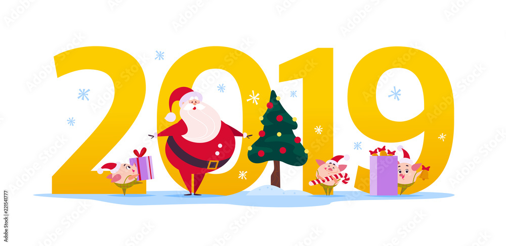 Vector Merry Christmas flat illustration with 2019 number, Santa Claus character, fir tree and happy little pig elf in santa hat isolated on white background. New Year season web banner, advertisement Vector Merry Christmas flat illustration with 2019 number, Santa Claus character, fir tree and happy little pig elf in santa hat isolated on white background. New Year season web banner, advertisement