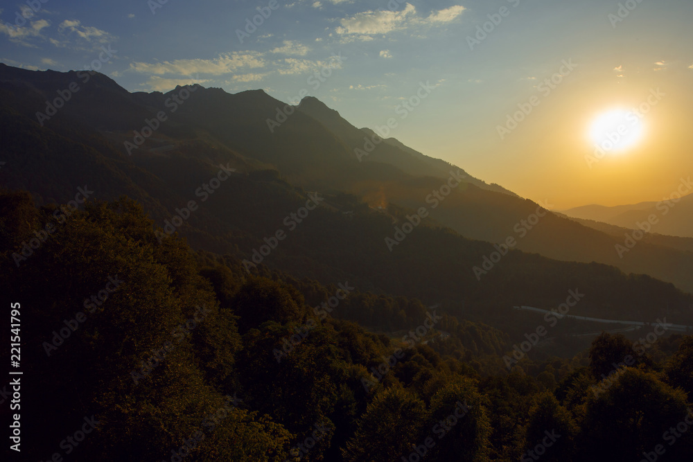 Sunset on the Rosa Khutor wiev from the cable car Sochi Russia