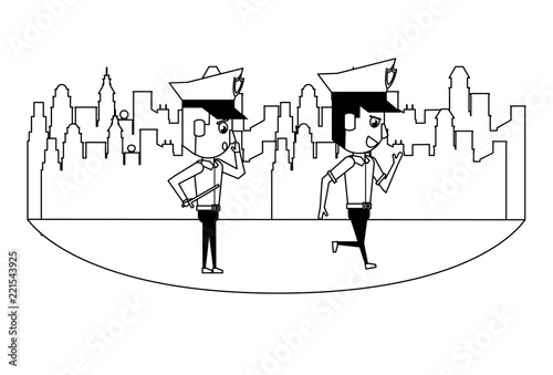 Cops in the city in black and white