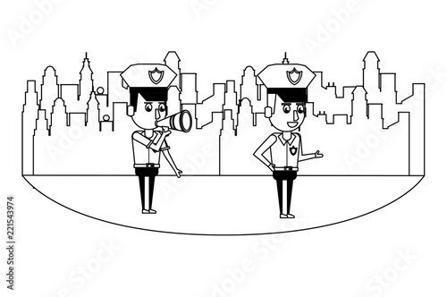 Cops in the city in black and white