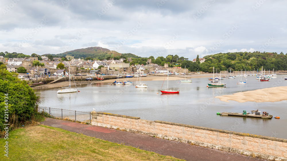 Virew from the  Conwy Suspension Bridge on the river Conwy and harbour of the medieval town of Conwy  in North Wales UK