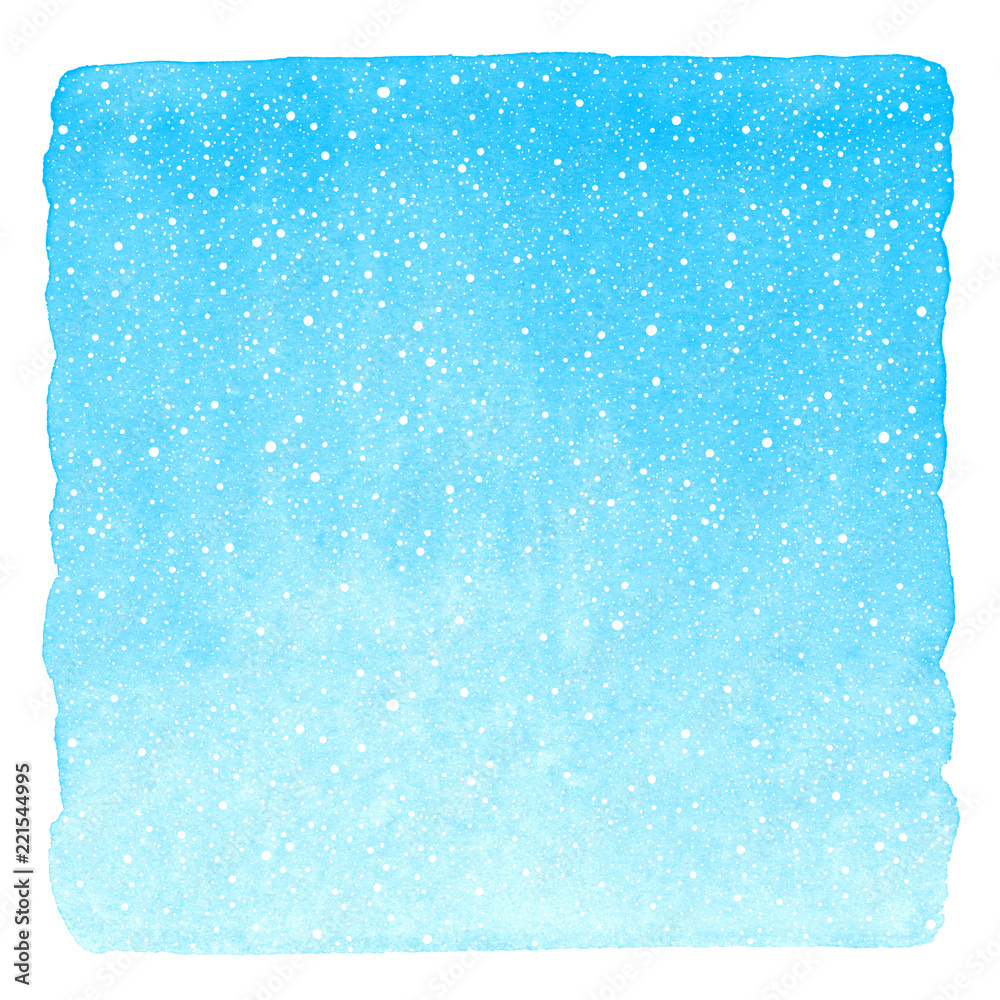 Winter watercolor gradient background with falling snow splash, specks, snowflakes texture and uneven brush drawn edge. Christmas, New Year hand drawn aquarelle template. Sky blue watercolour stains.