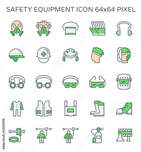 Safety equipment icon or personal protective equipment (PPE) in industrial work. Consist of air purifying respirator, helmet, earmuff, shield, glasses, fire resistant clothing etc. For protect wearer.