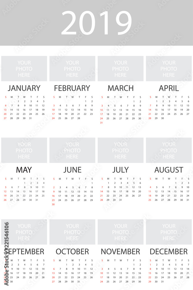 Calendar 2019 year, simple design template, vertical format, week starts on Sunday Calendar 2019 year, simple design template, vertical format, week starts on Sunday