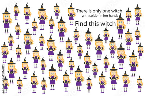 Find witch with spider, halloween fun education puzzle game for children, preschool worksheet activity for kids, task for the development of logical thinking and mind, vector illustration