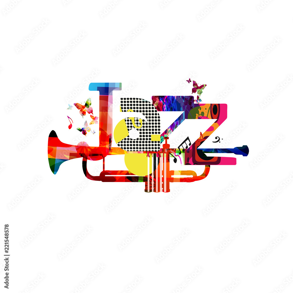 Jazz music typographic colorful background with trumpet vector illustration. Artistic music festival poster, live concert, creative banner design. Word jazz