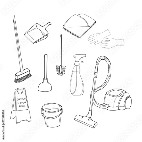 Hand-drawn set of vector design elements for the cleaning contour. MOP, scoop, plunger, rag, rubber gloves, toilet brush, cleaner, vacuum cleaner, bucket of water, cone with warning .