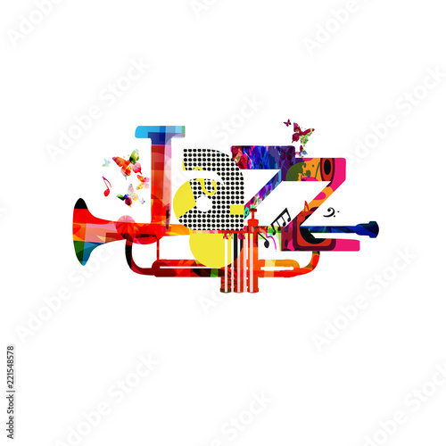 Jazz music typographic colorful background with trumpet vector illustration. Artistic music festival poster, live concert, creative banner design. Word jazz