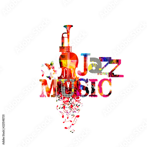 Jazz music typographic colorful background with trumpet and violoncello vector illustration. Artistic music festival poster, live concert, creative banner design. Word jazz music