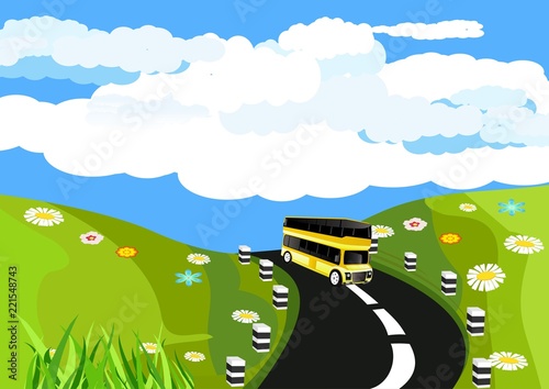 Countryside view, green hills, highway view, bus driving on the road. Vector art