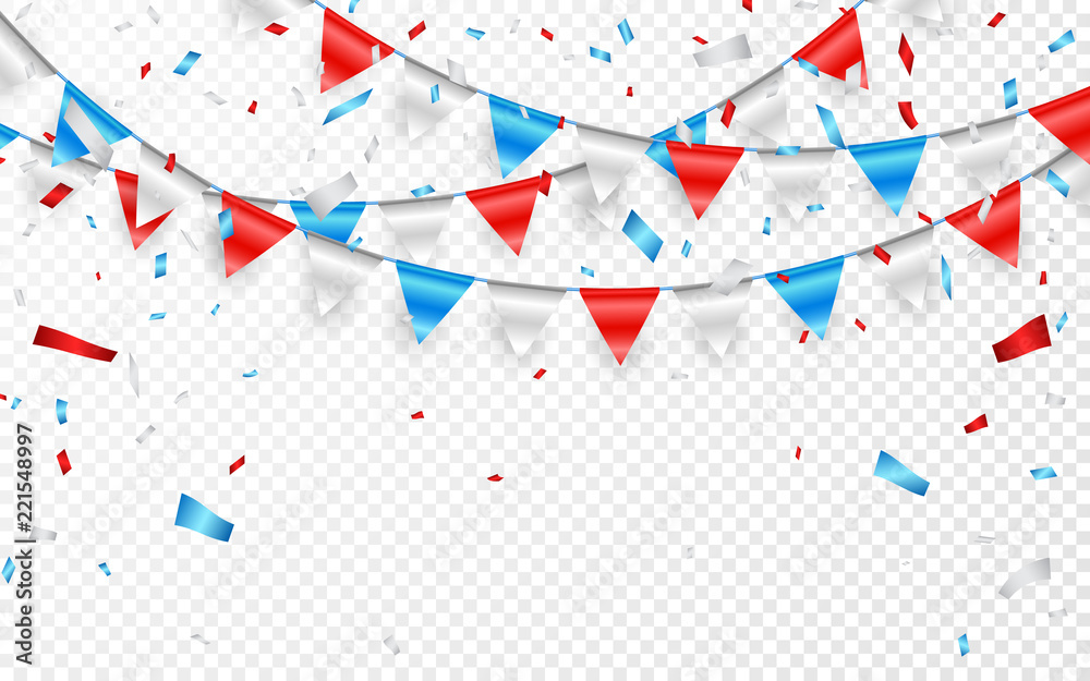 Garlands of red white blue flags. Blue, white and red foil confetti. Vector illustration Garlands of red white blue flags. Blue, white and red foil confetti. Vector illustration