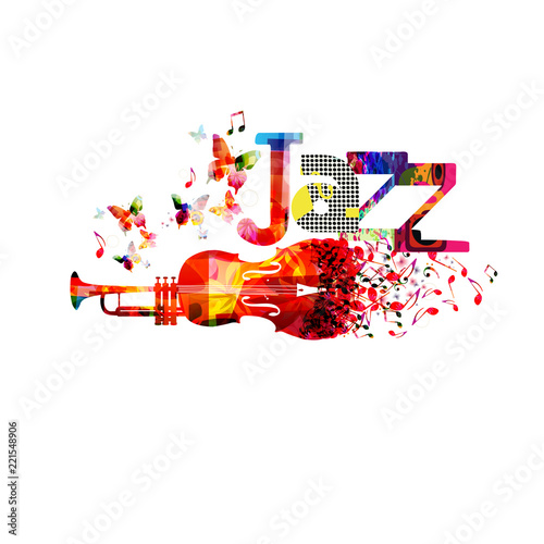 Jazz music typographic colorful background with trumpet and violoncello vector illustration. Artistic music festival poster, live concert, creative banner design. Word jazz