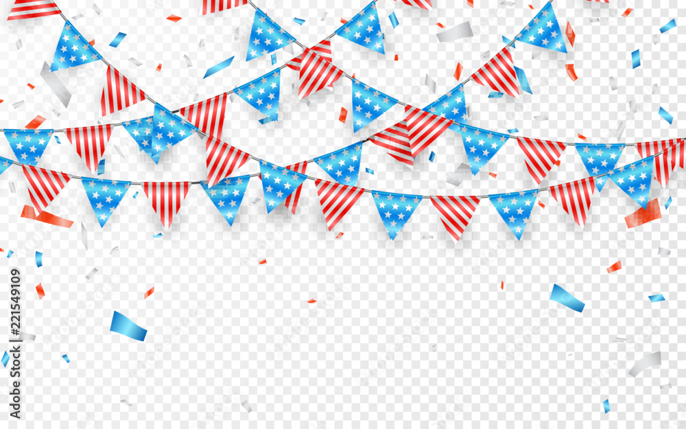 Fototapeta premium Hanging Bunting Flags for American Holidays. Blue, white and red foil confetti. Vector illustration
