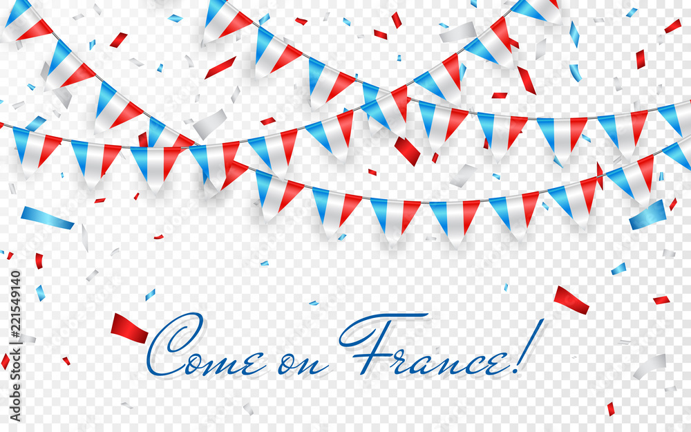 Obraz premium France flags garland white background with confetti, Hang bunting for France national Day celebration template banner, Vector illustration